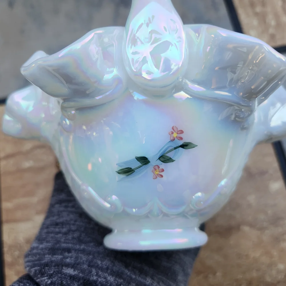 Fenton White Carnival Glass Opalescent Handpainted Basket Signed By Artist